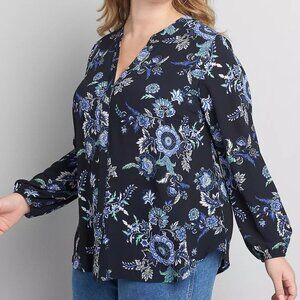 Lane Bryant Black Jacobean Floral Long Sleeve Flowy Hidden Button Top 24 NWT